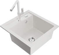 Mexen Vito žulový dřez s 1 komorou a kuchyňskou baterií Flora, bílý - 6503-20-670401-02