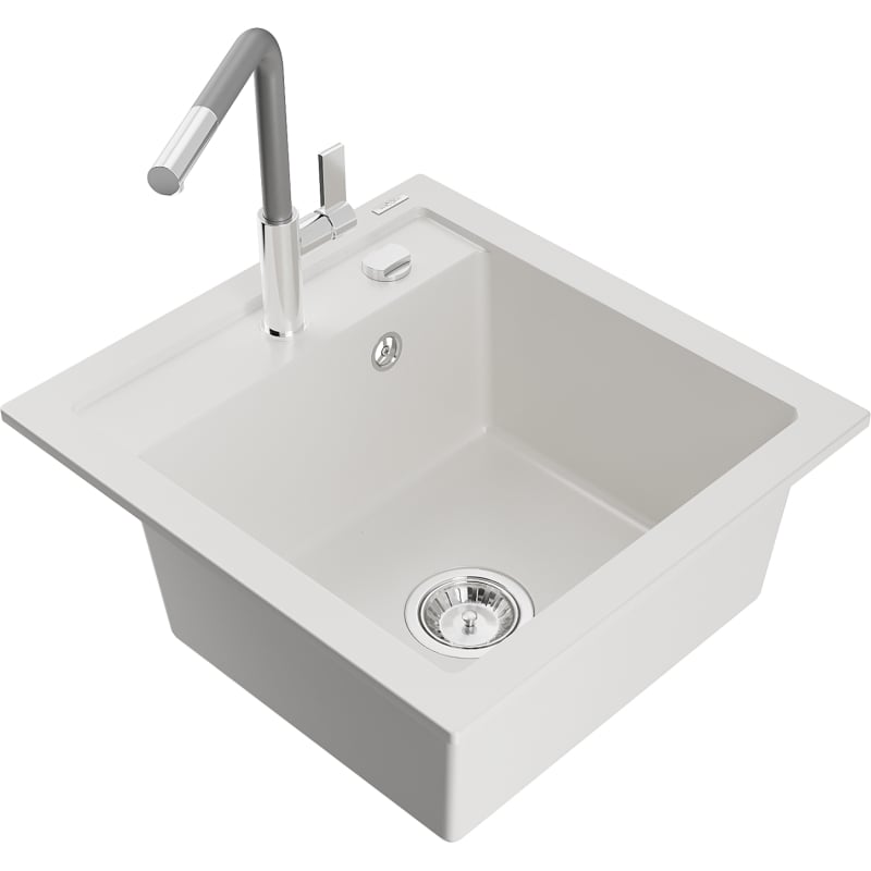 Mexen Vito granitový kuchyňský dřez 1-komorový s kuchyňskou baterií Flora, bílý - 6503-20-670401-06