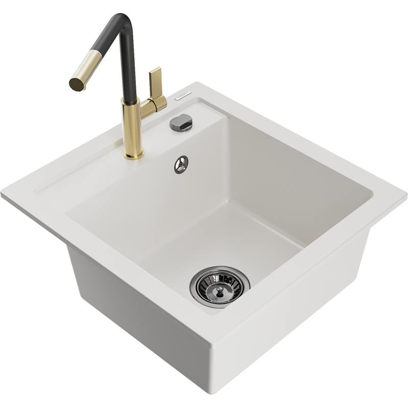 Mexen Vito granitový dřez 1-komorový s kuchyňskou baterií Flora, bílý - 6503-20-670401-57-B