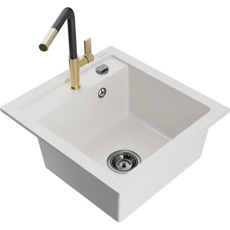 Mexen Vito granitový dřez 1-komorový s kuchyňskou baterií Flora, bílý - 6503-20-670401-57-B