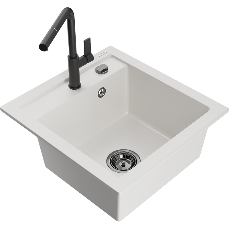 Mexen Vito granitový dřez 1-komorový s kuchyňskou baterií Flora, bílý - 6503-20-670401-70-B