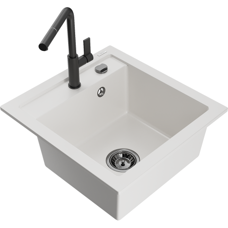 Mexen Vito granitový dřez 1-komorový s kuchyňskou baterií Flora, bílý - 6503-20-670401-70-B