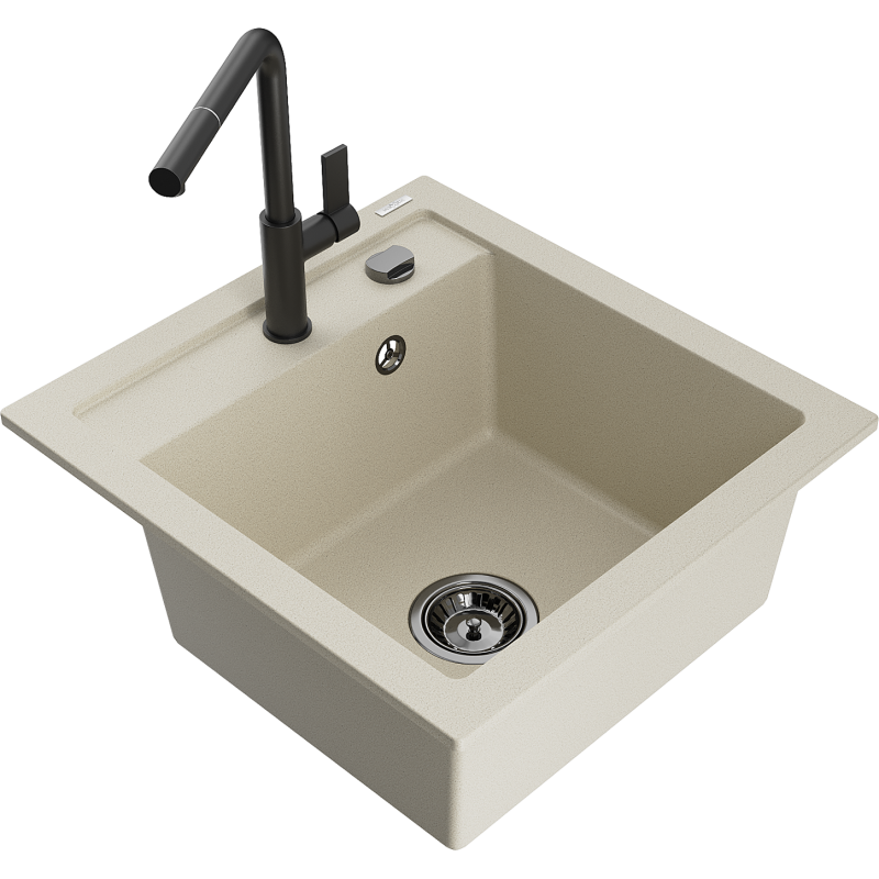 Mexen Vito granitový dřez s 1 komorou a kuchyňskou baterií Flora, béžový - 6503-69-670401-70-B