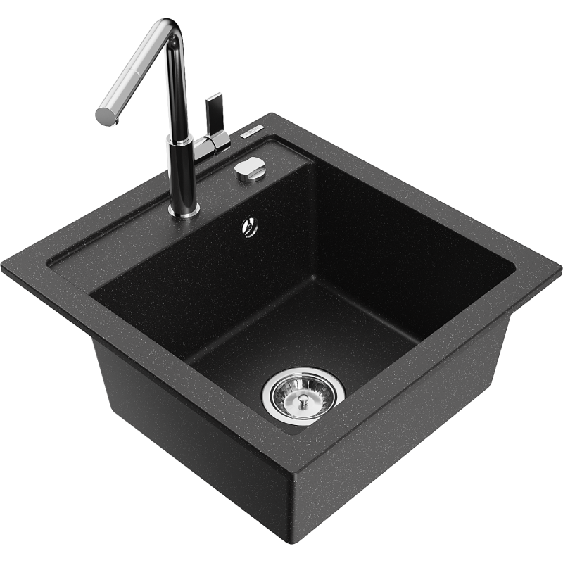 Mexen Vito granitový dřez 1-komorový s kuchyňskou baterií Flora, černý/stříbrný metalik - 6503-73-670401-00