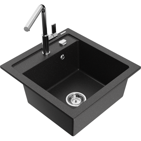 Mexen Vito granitový dřez 1-komorový s kuchyňskou baterií Flora, černý/stříbrný metalik - 6503-73-670401-00