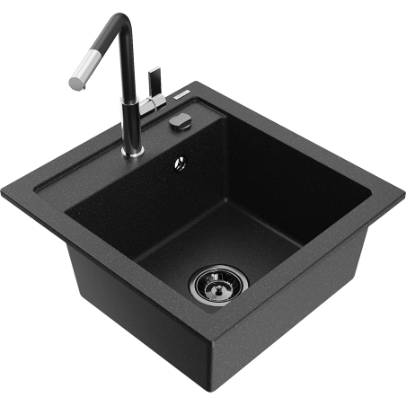 Mexen Vito granitový dřez s 1 komorou a kuchyňská baterie Flora, černá/stříbrná metalíza - 6503-73-670401-07-B
