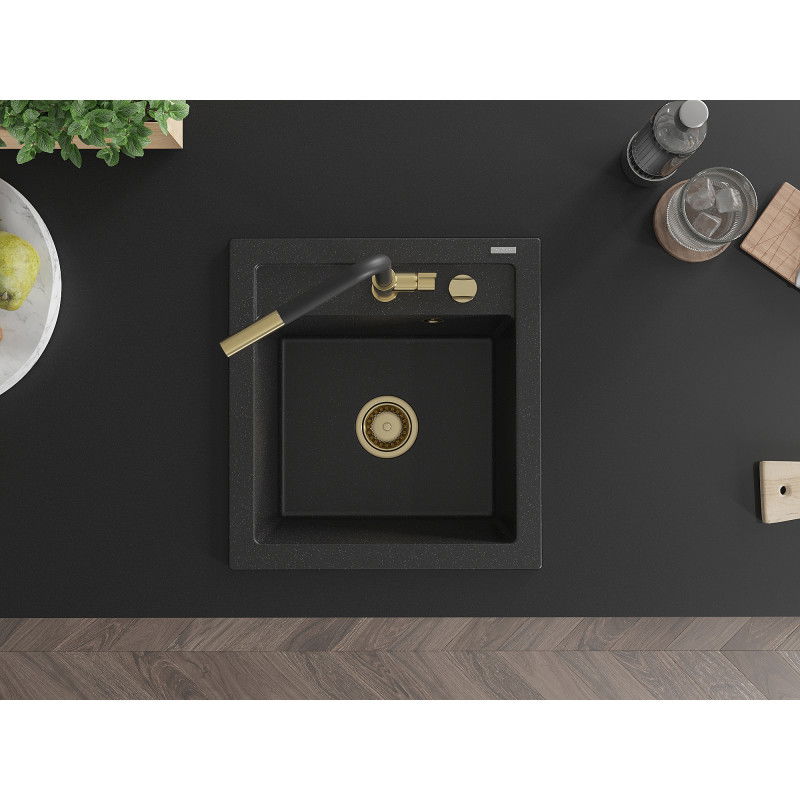 Mexen Vito granitový dřez 1-komorový s kuchyňskou baterií Flora, černý/stříbrný metalik - 6503-73-670401-57-G