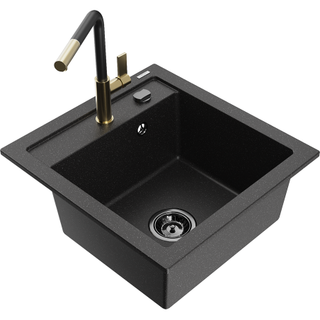 Mexen Vito granitový dřez 1-komorový s kuchyňskou baterií Flora, černý/stříbrný metalický - 6503-73-670401-57-B
