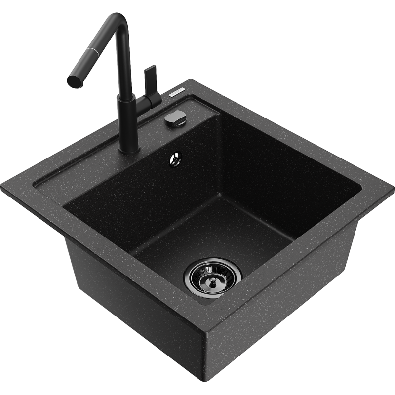Mexen Vito granitový dřez 1-komorový s kuchyňskou baterií Flora, černý/stříbrný metalický - 6503-73-670401-70-B