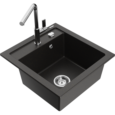 Mexen Vito granitový dřez 1-komorový s kuchyňskou baterií Flora, černý/zlatý metalík - 6503-75-670401-00