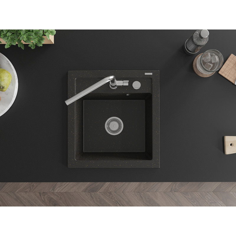 Mexen Vito granitový dřez 1-komorový s kuchyňskou baterií Flora, černý/zlatý metalík - 6503-75-670401-00