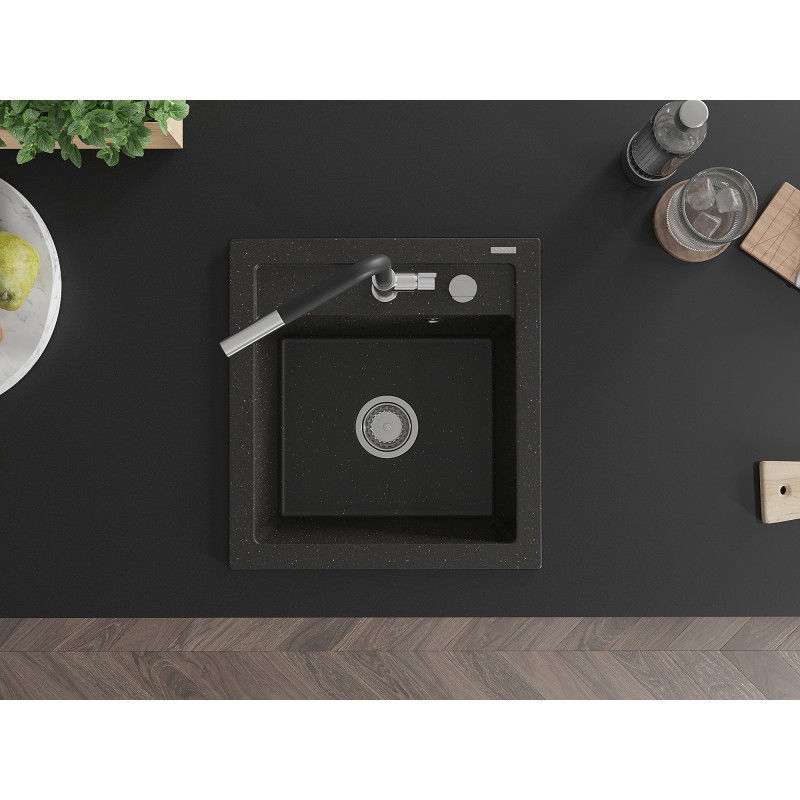 Mexen Vito granitový dřez 1-komorový s kuchyňskou baterií Flora, černý/zlatý metalik - 6503-75-670401-07