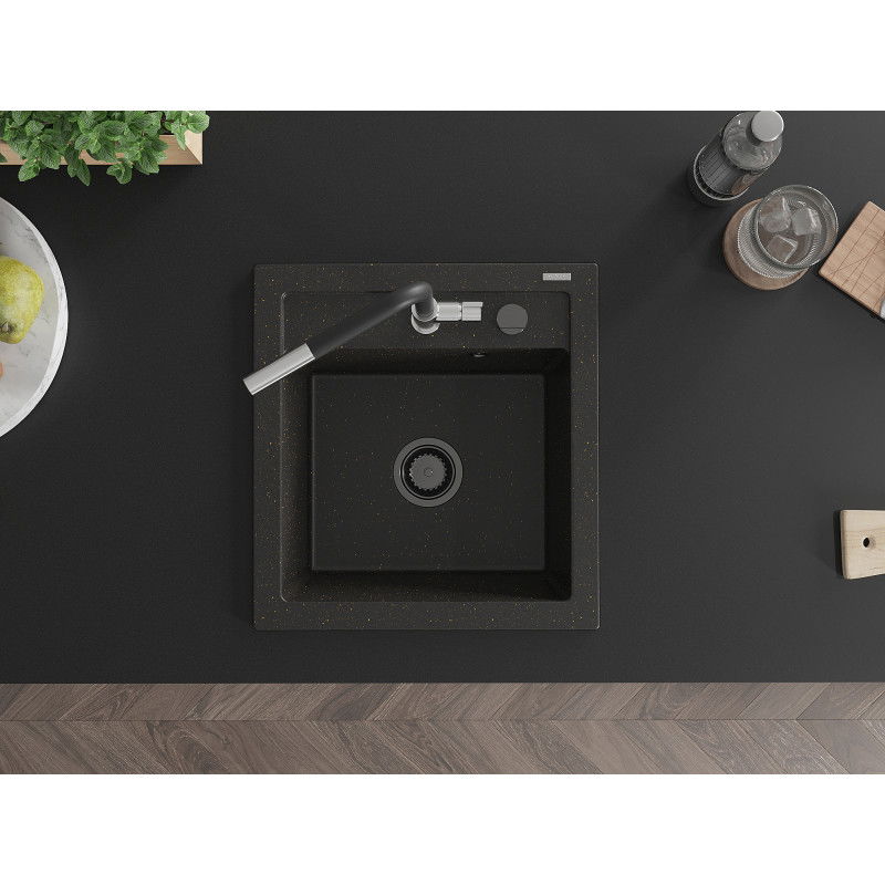 Mexen Vito granitový dřez s 1 komorou a kuchyňskou baterií Flora, černý/zlatý metalik - 6503-75-670401-07-B