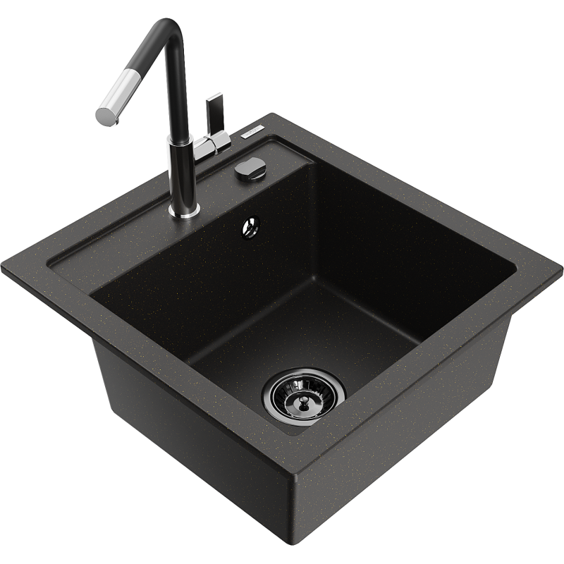 Mexen Vito granitový dřez s 1 komorou a kuchyňskou baterií Flora, černý/zlatý metalik - 6503-75-670401-07-B