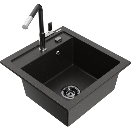 Mexen Vito granitový dřez s 1 komorou a kuchyňskou baterií Flora, černý/zlatý metalik - 6503-75-670401-07-B