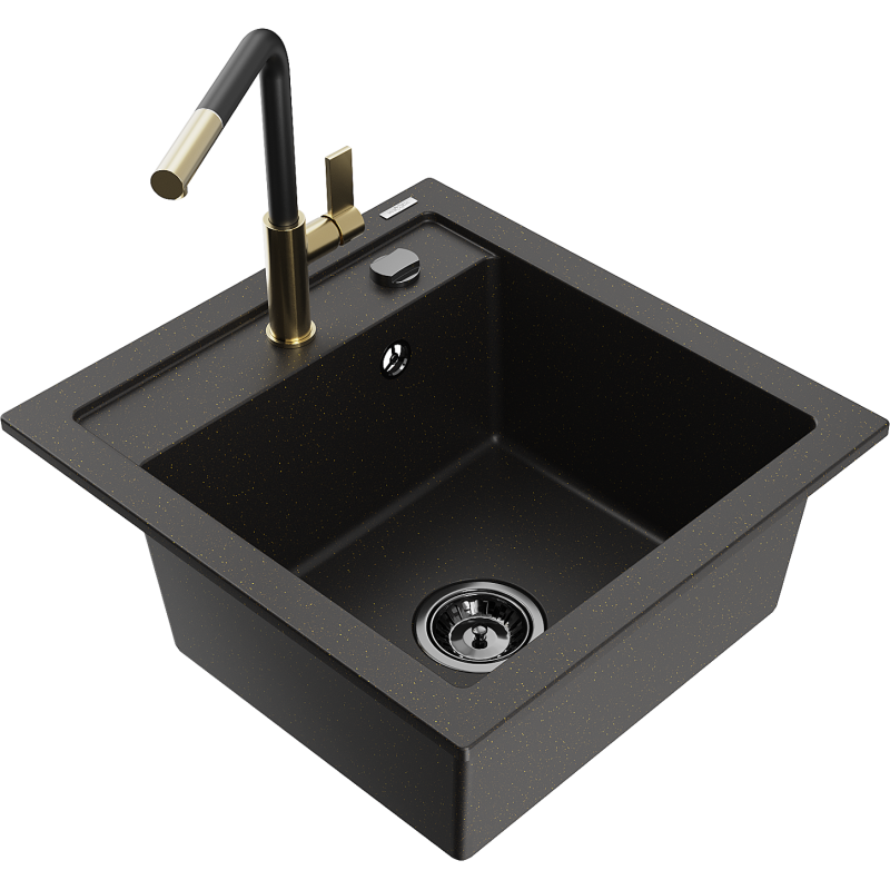 Mexen Vito kuchyňský dřez z granitu 1-komorový s kuchyňskou baterií Flora, černý/zlato kovový - 6503-75-670401-57-B