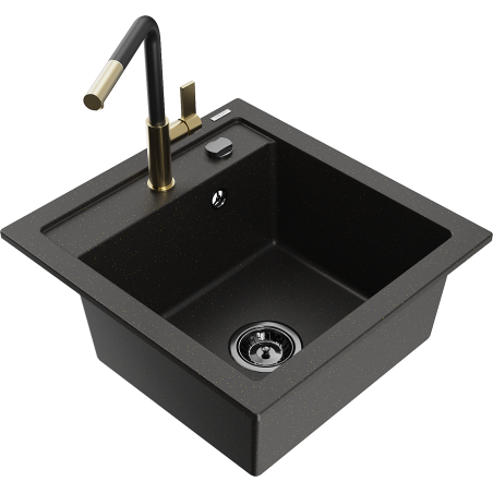 Mexen Vito kuchyňský dřez z granitu 1-komorový s kuchyňskou baterií Flora, černý/zlato kovový - 6503-75-670401-57-B