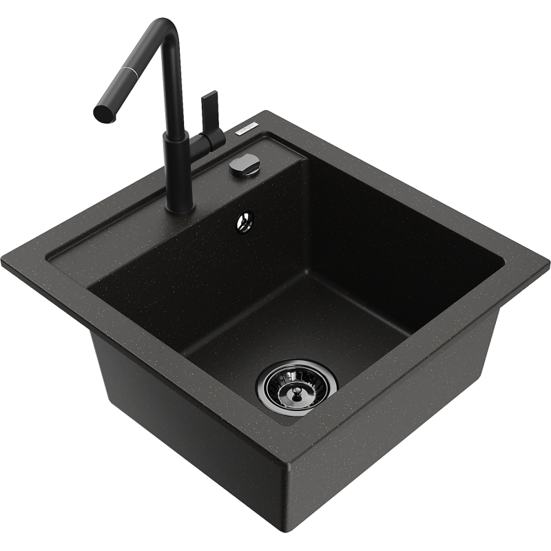 Mexen Vito granitový dřez jednokomorový s kuchyňskou baterií Flora, černý/zlatý metalický - 6503-75-670401-70-B