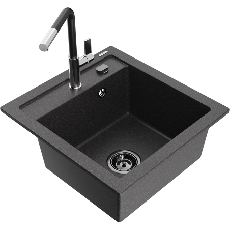 Mexen Vito granitový kuchyňský dřez s 1 komorou s kuchyňskou baterií Flora, černý s tečkami - 6503-76-670401-07-B