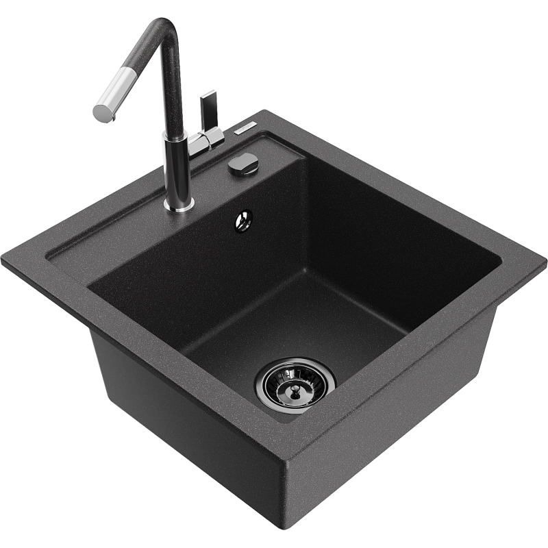 Mexen Vito granitový dřez 1-komorový s kuchyňskou baterií Flora, černý skvrnitý - 6503-76-670401-08-B