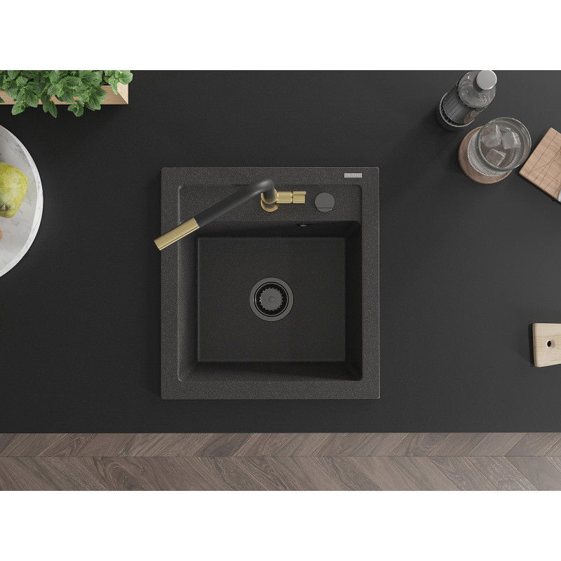 Mexen Vito granitový dřez s jednou komorou a kuchyňskou baterií Flora, černý s tečkami - 6503-76-670401-57-B
