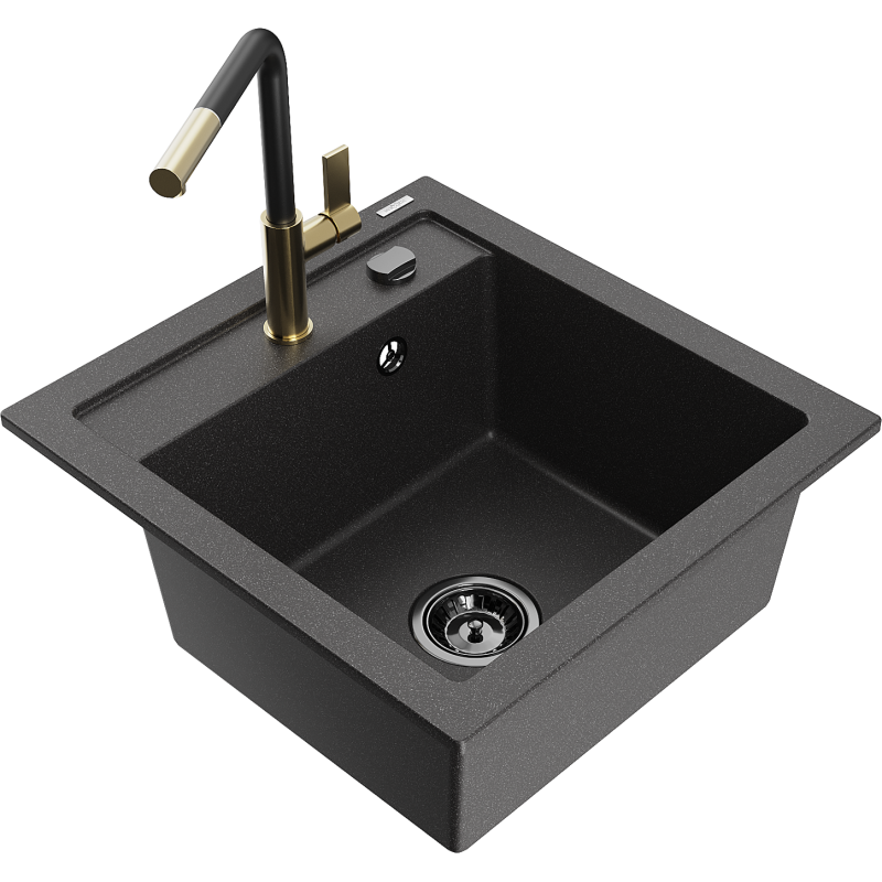 Mexen Vito granitový dřez s jednou komorou a kuchyňskou baterií Flora, černý s tečkami - 6503-76-670401-57-B