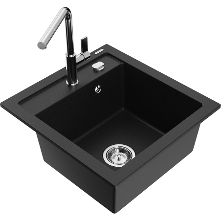 Mexen Vito granitový dřez s jednou komorou a kuchyňskou baterií Flora, černý - 6503-77-670401-00