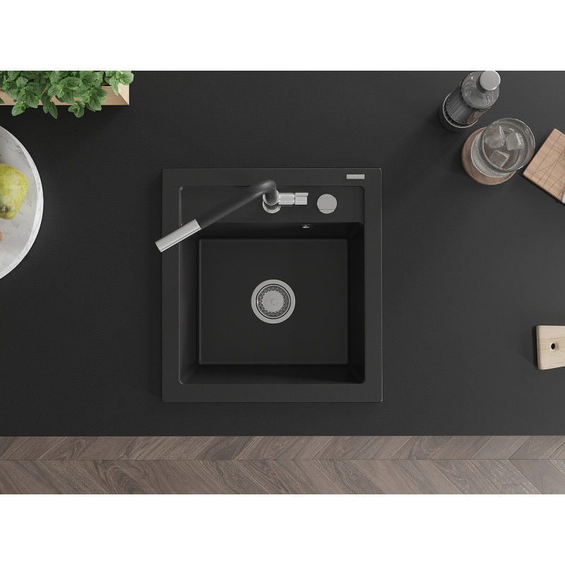 Mexen Vito granitový dřez 1-komorový s kuchyňskou baterií Flora, černý - 6503-77-670401-07