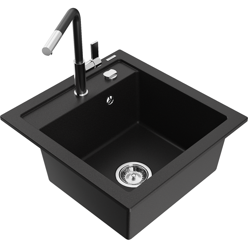 Mexen Vito granitový dřez 1-komorový s kuchyňskou baterií Flora, černý - 6503-77-670401-07
