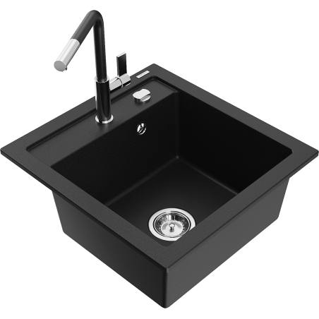 Mexen Vito granitový dřez 1-komorový s kuchyňskou baterií Flora, černý - 6503-77-670401-07