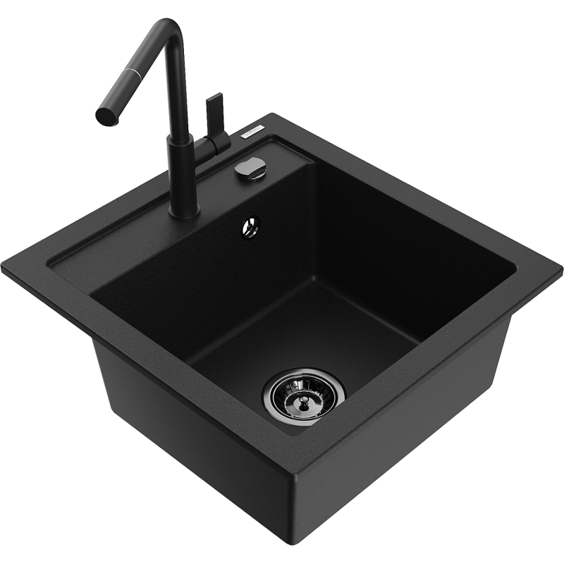 Mexen Vito granitový dřez 1-komorový s kuchyňskou baterií Flora, černý - 6503-77-670401-70-B
