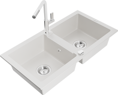Mexen Mario žulový dřez 2-komorový s kuchyňskou baterií Flora, bílý - 6504-20-670401-02