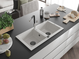 Mexen Mario žulový dřez 2-komorový s kuchyňskou baterií Flora, bílý - 6504-20-670401-07-B
