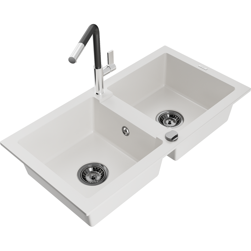 Mexen Mario žulový dřez 2-komorový s kuchyňskou baterií Flora, bílý - 6504-20-670401-07-B