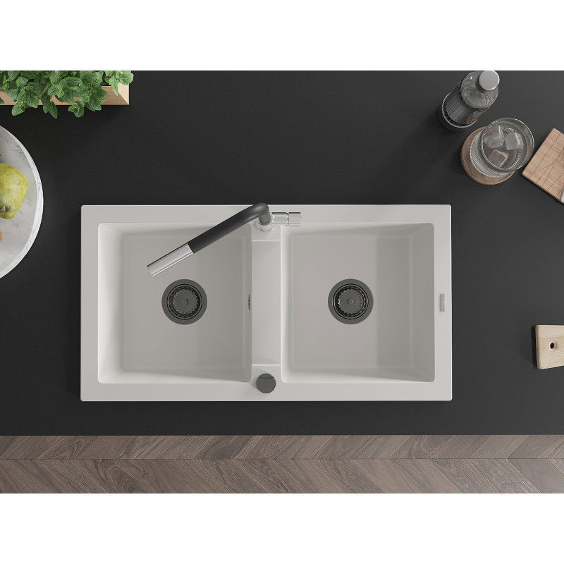 Mexen Mario žulový dřez 2-komorový s kuchyňskou baterií Flora, bílý - 6504-20-670401-07-B