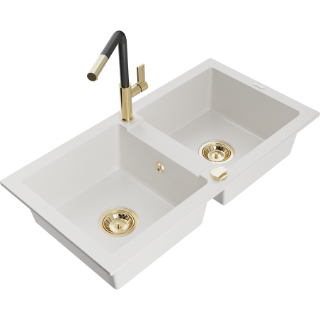 Mexen Mario granitový dřez 2-komorový s kuchyňskou baterií Flora, bílý - 6504-20-670401-57-G