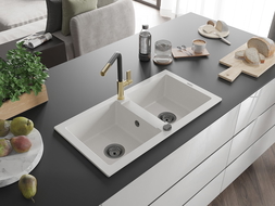 Mexen Mario granitový dřez 2-komorový s kuchyňskou baterií Flora, bílý - 6504-20-670401-57-B