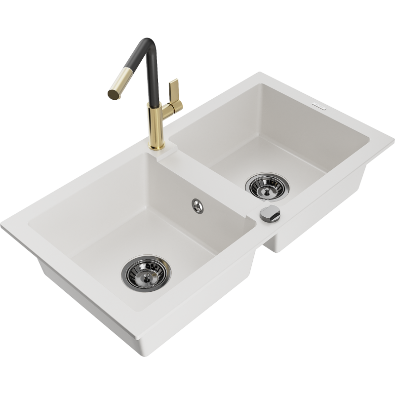 Mexen Mario granitový dřez 2-komorový s kuchyňskou baterií Flora, bílý - 6504-20-670401-57-B