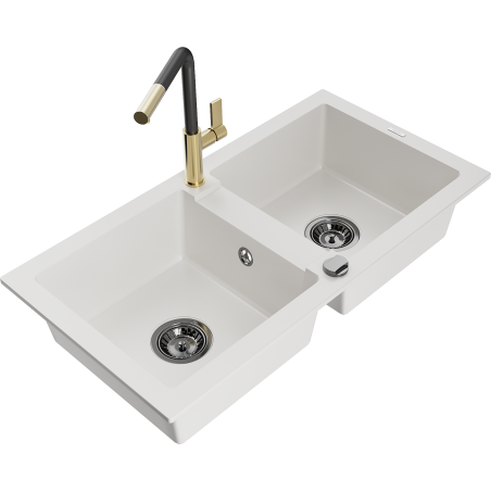 Mexen Mario granitový dřez 2-komorový s kuchyňskou baterií Flora, bílý - 6504-20-670401-57-B