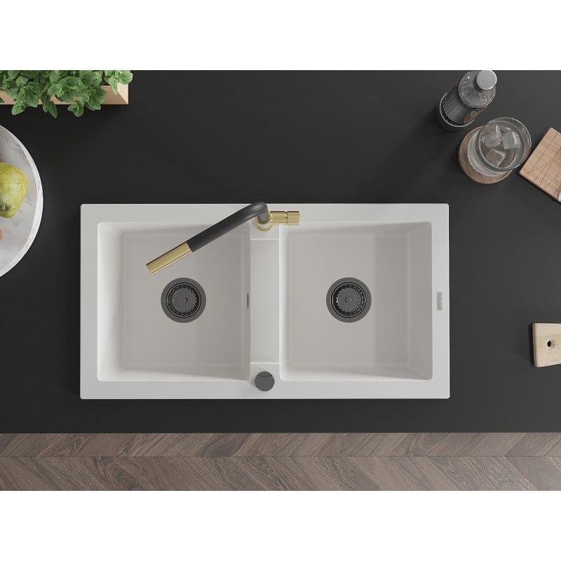 Mexen Mario granitový dřez 2-komorový s kuchyňskou baterií Flora, bílý - 6504-20-670401-57-B