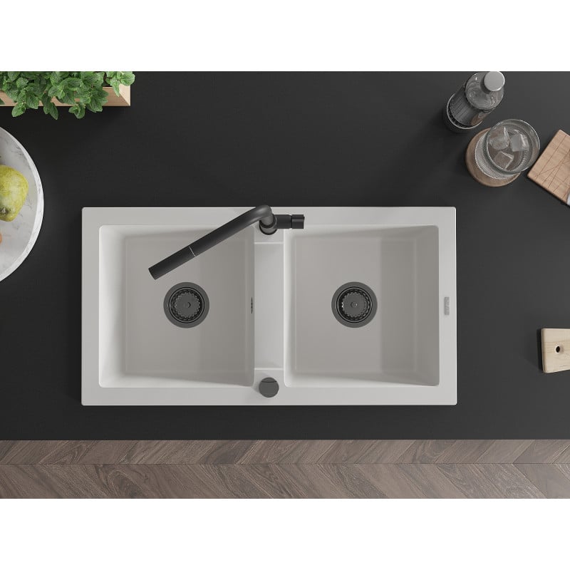 Mexen Mario dřez z granitu 2-komorový s kuchyňskou baterií Flora, bílý - 6504-20-670401-70-B
