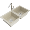 Mexen Mario dvoukomorový kuchyňský dřez z granitu s kuchyňskou baterií Flora, béžový - 6504-69-670401-00