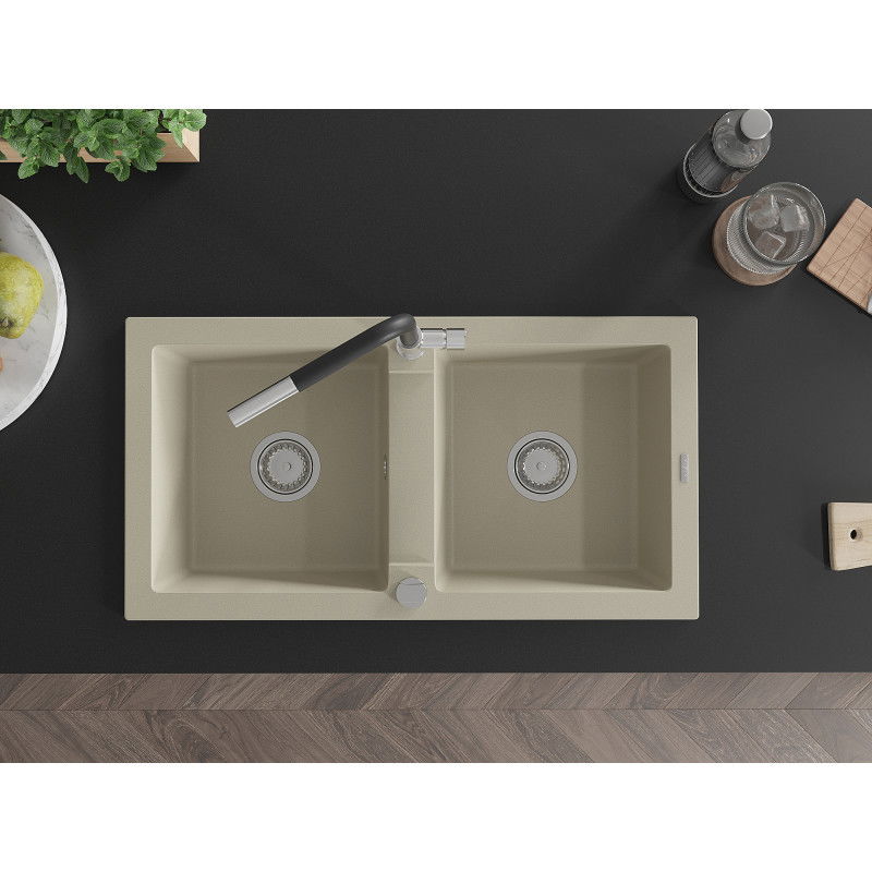 Mexen Mario granitový dřez 2-komorový s kuchyňskou baterií Flora, béžový - 6504-69-670401-07