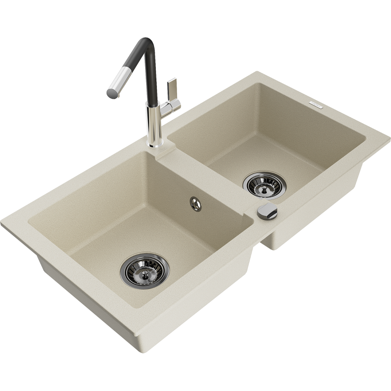 Mexen Mario dřez granitový 2-komorový s kuchyňskou baterií Flora, béžový - 6504-69-670401-07-B