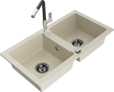 Mexen Mario dřez granitový 2-komorový s kuchyňskou baterií Flora, béžový - 6504-69-670401-07-B
