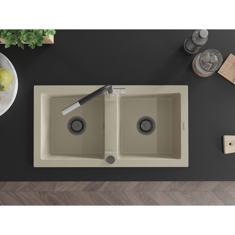 Mexen Mario dřez granitový 2-komorový s kuchyňskou baterií Flora, béžový - 6504-69-670401-07-B