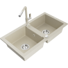 Mexen Mario 2komorový granitový dřez s kuchyňskou baterií Flora, béžový - 6504-69-670401-09