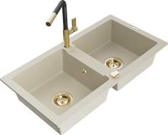 Mexen Mario dvoukomorový granitový dřez s kuchyňskou baterií Flora, béžový - 6504-69-670401-57-G