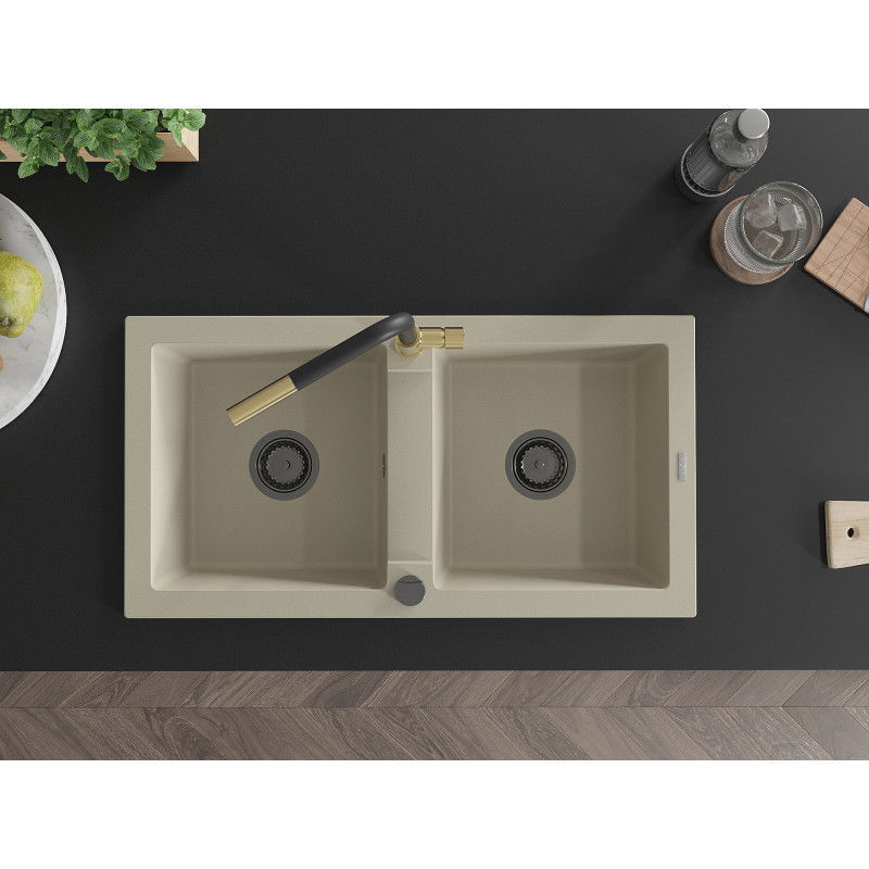 Mexen Mario dřez granitový 2-komorový s kuchyňskou baterií Flora, béžový - 6504-69-670401-57-B