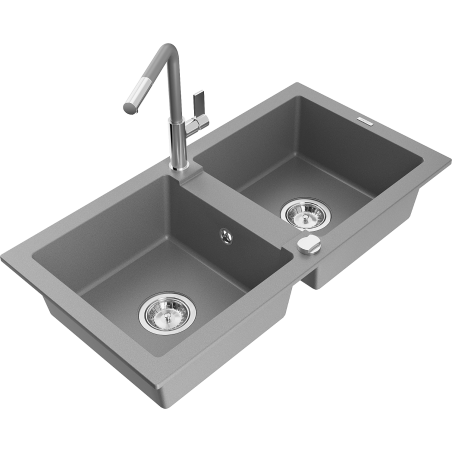 Mexen Mario dřez žulový 2-komorový s kuchyňskou baterií Flora, šedý - 6504-71-670401-06